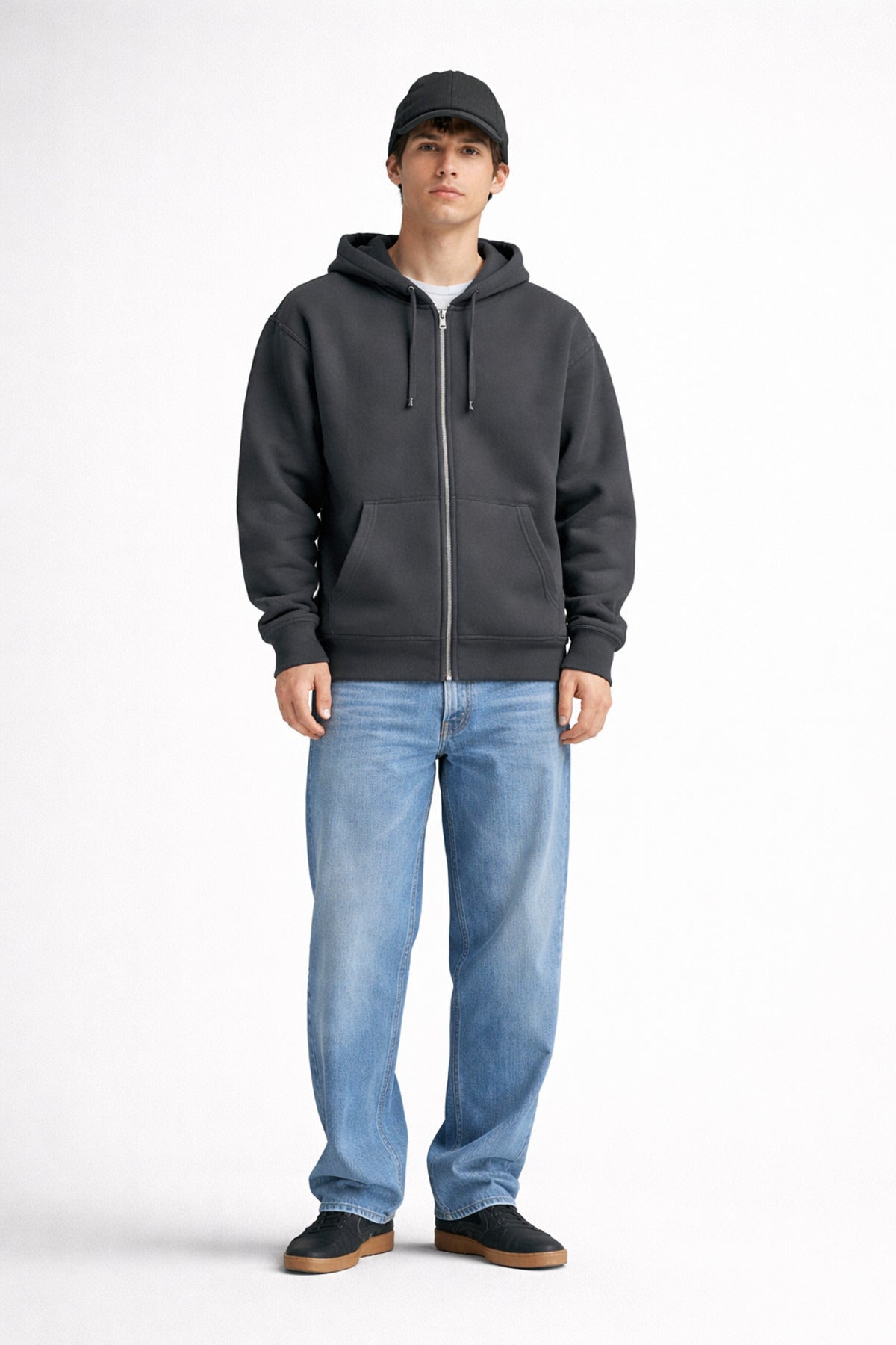 Erkek Oversize Bol Kapşonul Cepli Hoodie Hırka - Füme - 2