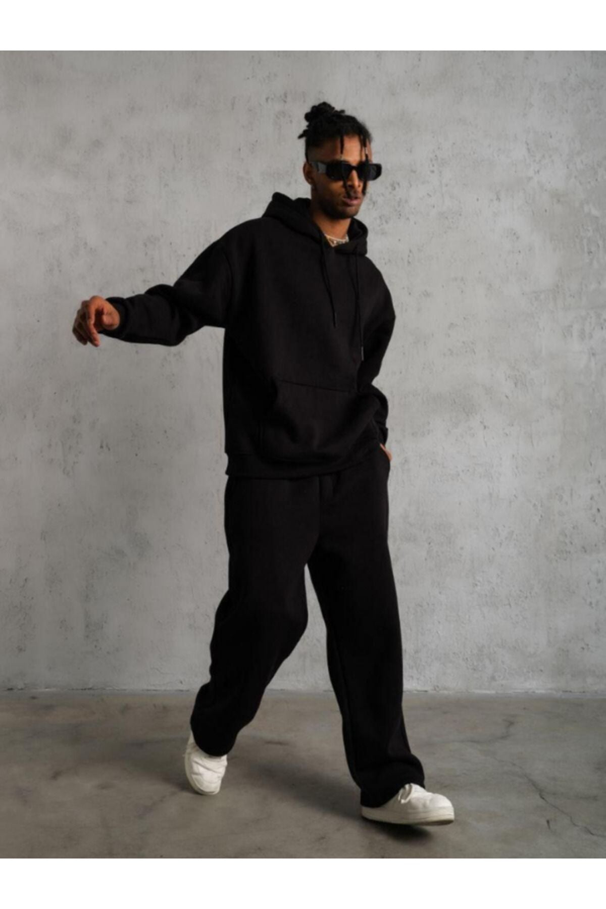 Erkek Siyah 3 İ̇plik Kapşonlu Kanguru Cep Hoodie Eşofman Takımı - Siyah - 5