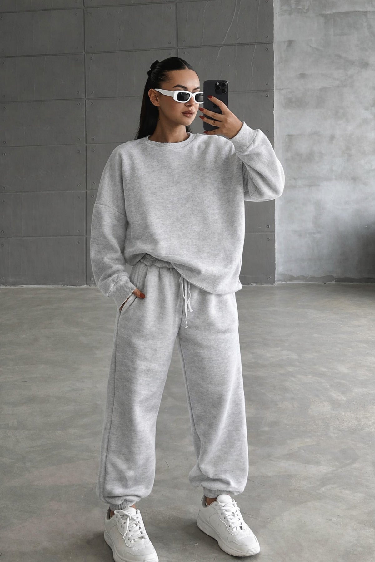Kadin 3 İ̇pli̇k Şardonlu Bi̇si̇klet Yaka Jogger Eşofman Takimi - Gri Melanj - 3