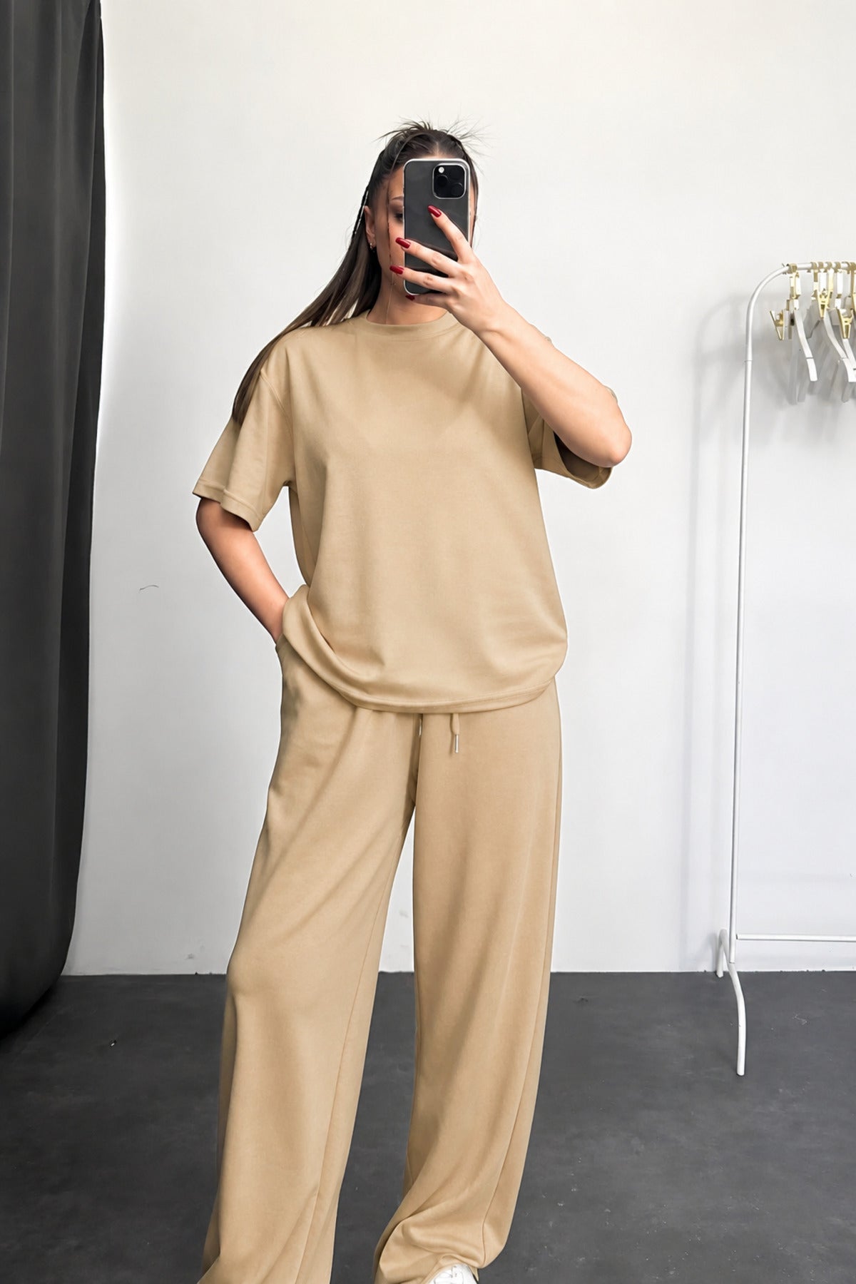 Kadın Kısa Kollu Oversize Süper Yüksek Bel Esnek Bisiklet Yaka Eşofman Takımı - Vizon - 2