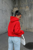 Kadin Kirmizi 3 İ̇pli̇k Oversi̇ze Rahat Günlük Yumuşak Kapüşonlu Sweatshirt - Kırmızı - 4