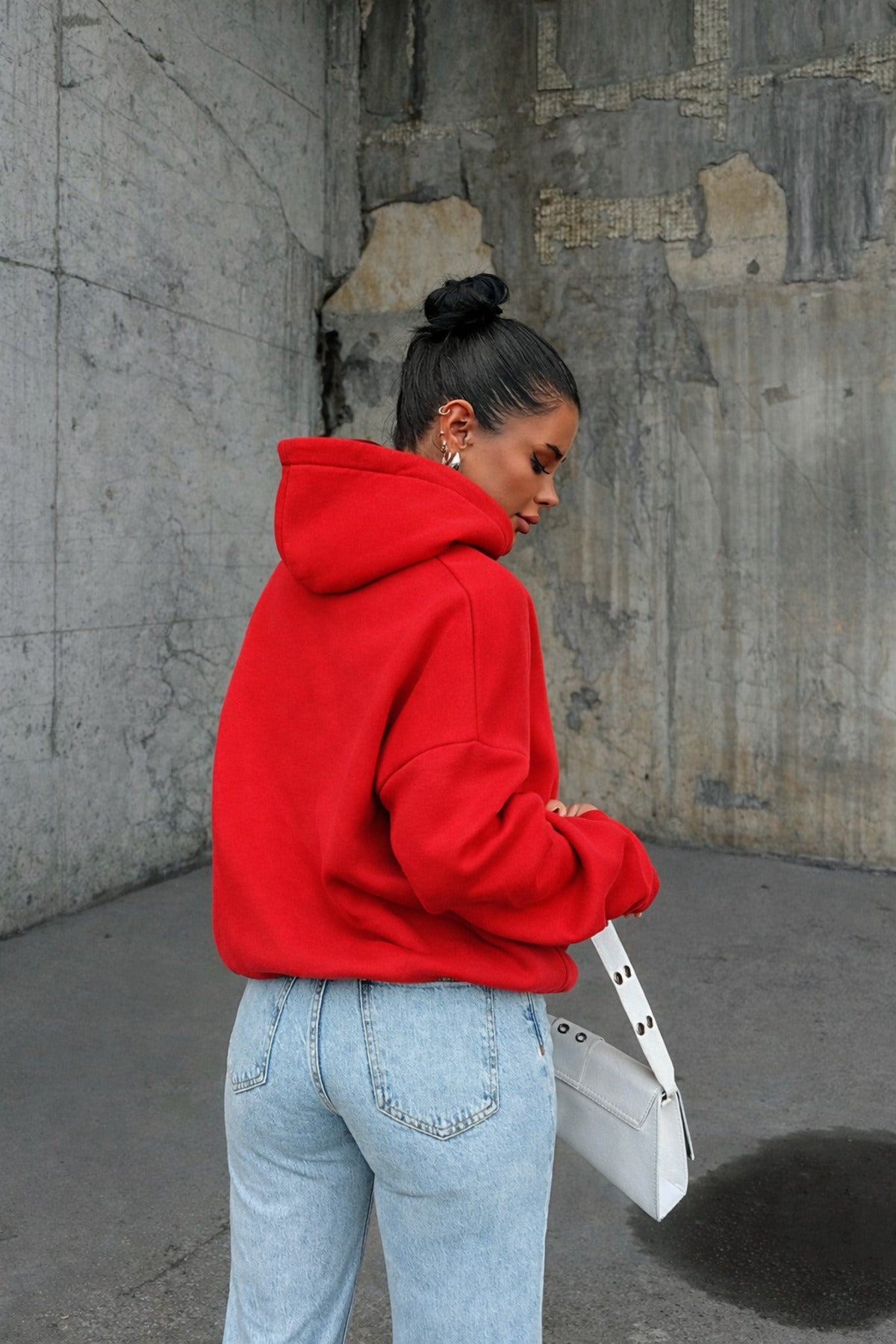 Kadin Kirmizi 3 İ̇pli̇k Oversi̇ze Rahat Günlük Yumuşak Kapüşonlu Sweatshirt - Kırmızı - 4