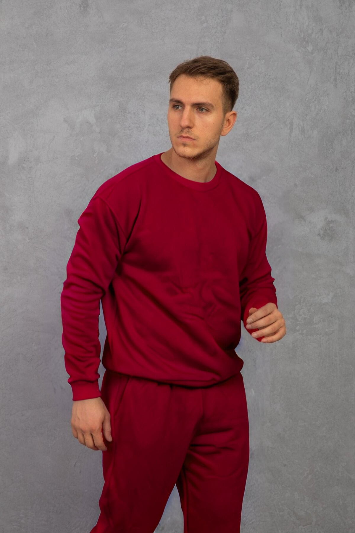 Erkek Bisiklet Yaka Oversize Salaş Bol Eşofman Takımı - Bordo - 3