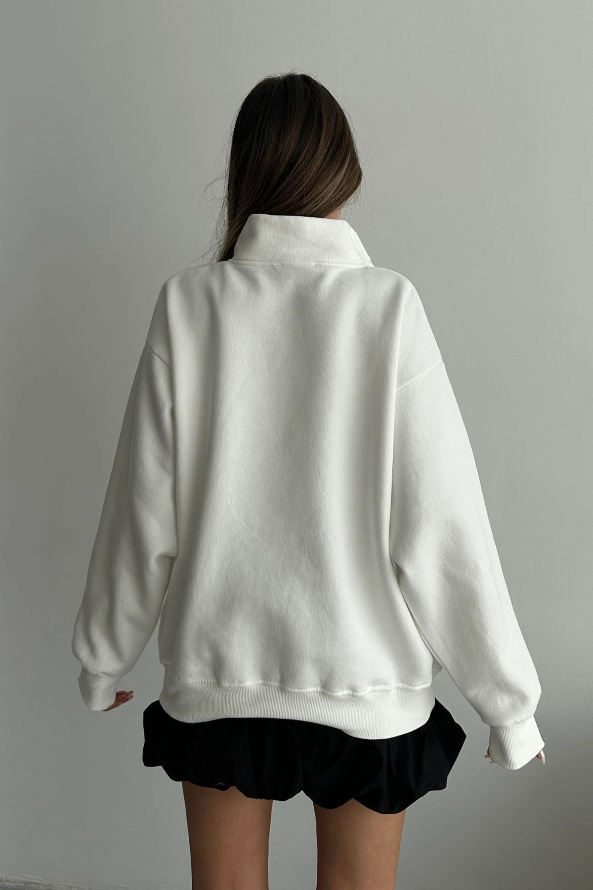 Unisex 3 İ̇plik Şardonlu Oversize Yarım Fermuarlı Sweatshirt - Beyaz - 3