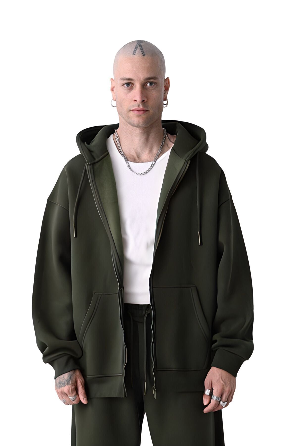 Erkek Basic Haki̇ Unisex Tam Fermuar Sweatshirt Hırka - Haki - 1