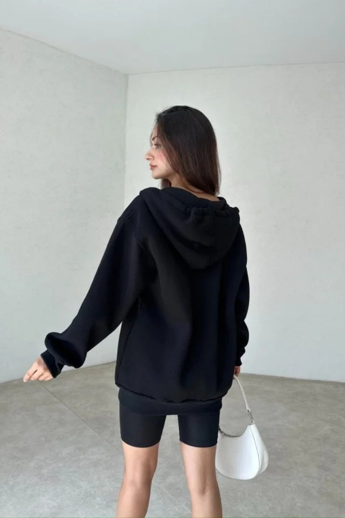 Kadın 3 İ̇plik Oversize Kapüşonlu Fermuarlı Hırka Sweatshirt - Black - 3