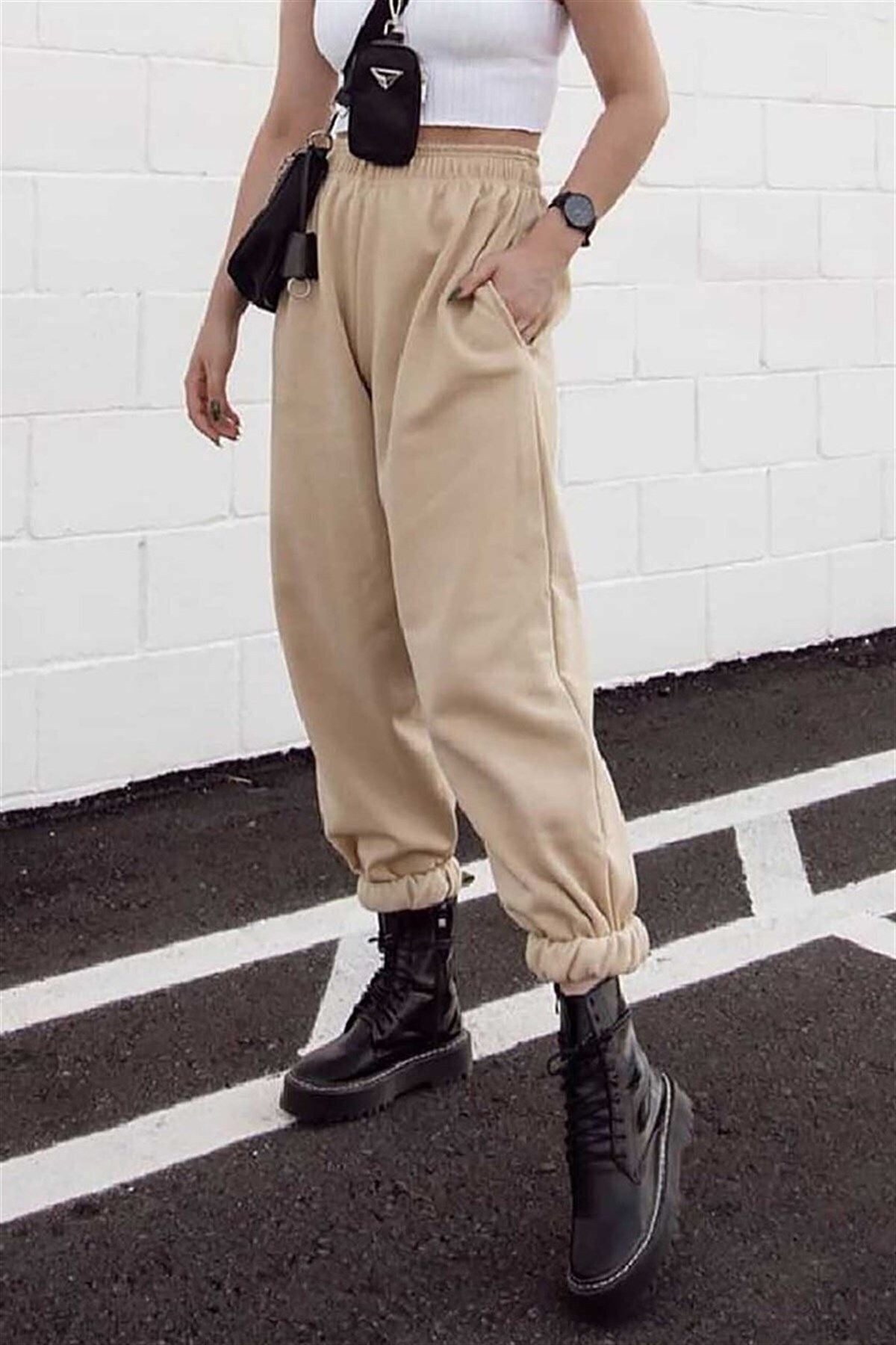 Kadın Bej Jogger Eşofman Altı Kalın İ̇çi Polarlı Yüksek Bel Paçası Lastikli Sweatpants - Bej - 2
