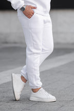 Erkek Bol Kesim Oversize 3 İ̇plik İ̇çi Pamuklu Şardonlu Lastikli Paça Jogger Kışlık Eşofman Altı - Beyaz - 3