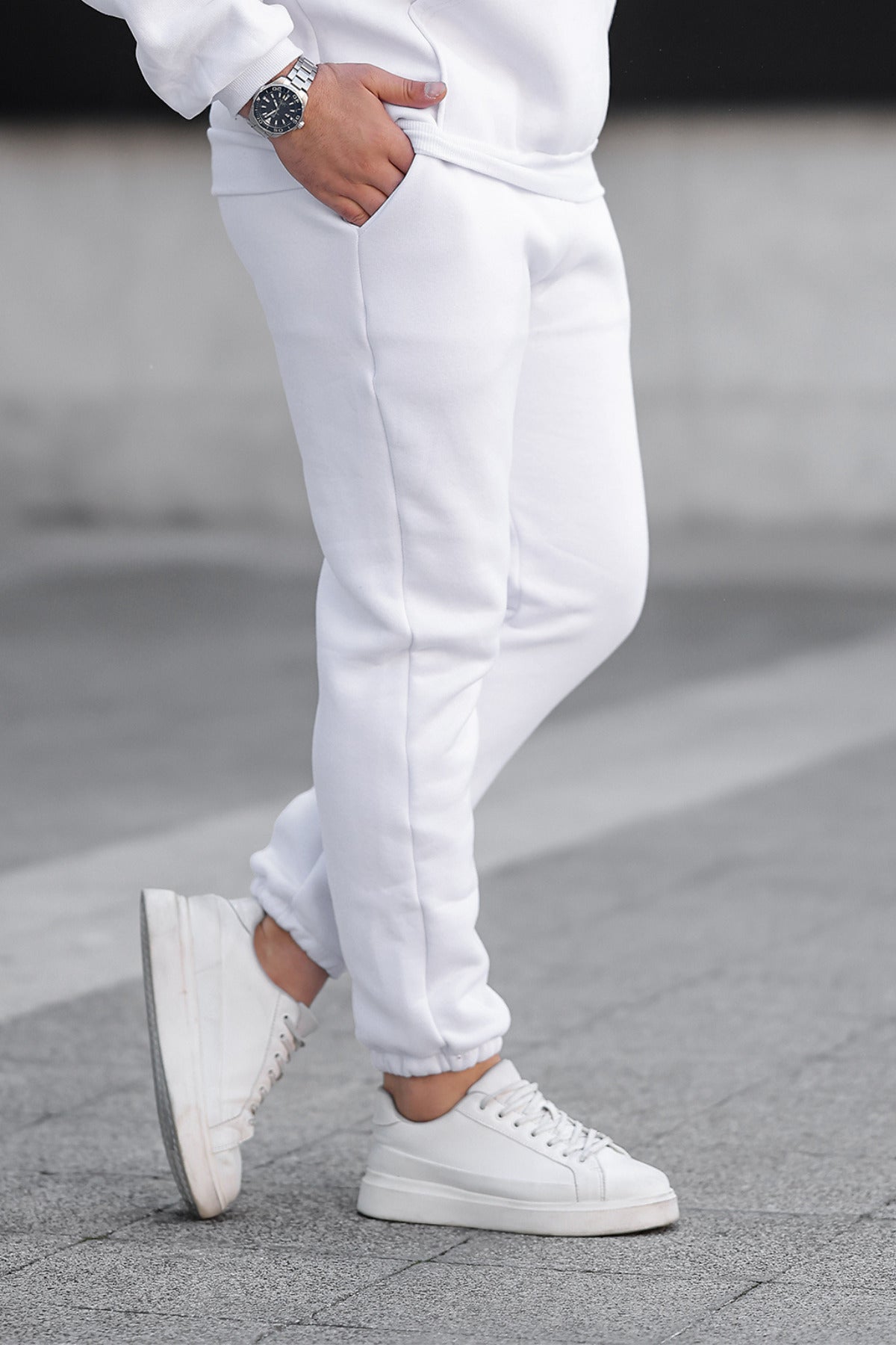 Erkek Bol Kesim Oversize 3 İ̇plik İ̇çi Pamuklu Şardonlu Lastikli Paça Jogger Kışlık Eşofman Altı - Beyaz - 3