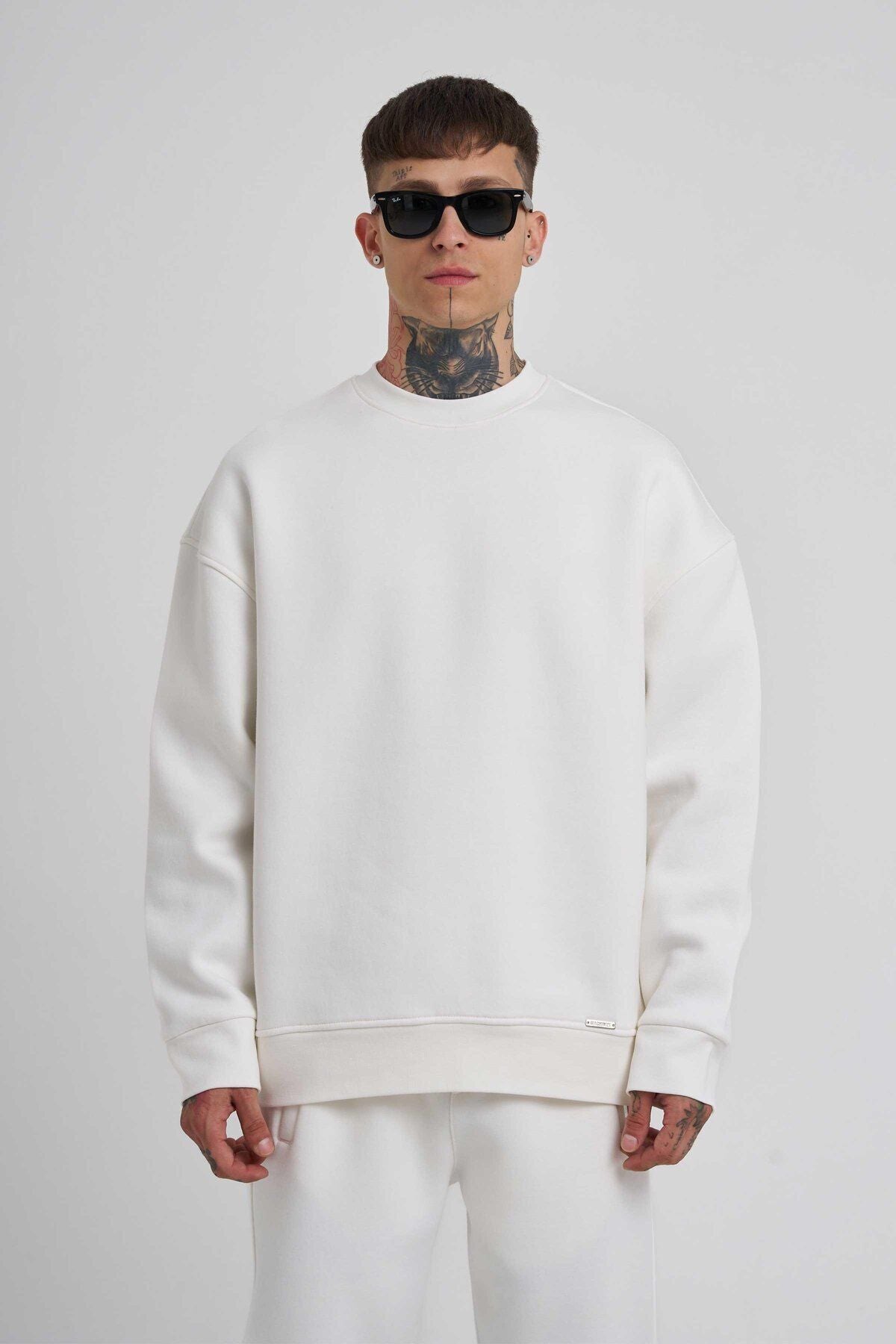 Erkek İ̇çi Pamuklu Bisiklet Yaka Sweatshirt - Beyaz - 1