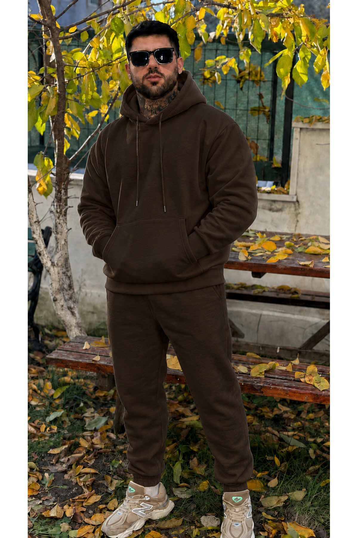 Erkek Kapşonlu 3 İ̇plik Şardonlu Salaş Bol Hoodie Eşofman Takımı - Kahverengi - 3