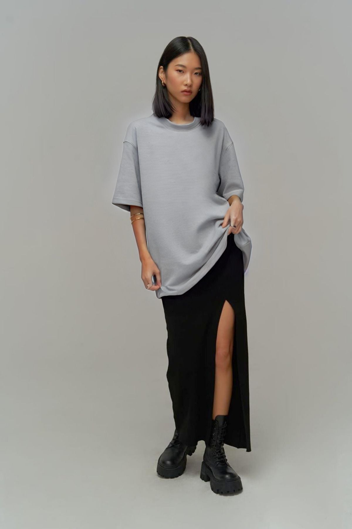 Kadin Gri̇ Oversi̇ze Kisa Kollu Cool T-shi̇rt - Gri - 5