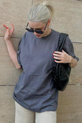 Kadın Oversize Penye Rahat Yazlık Kısa Kollu T-shirt - Füme - 1