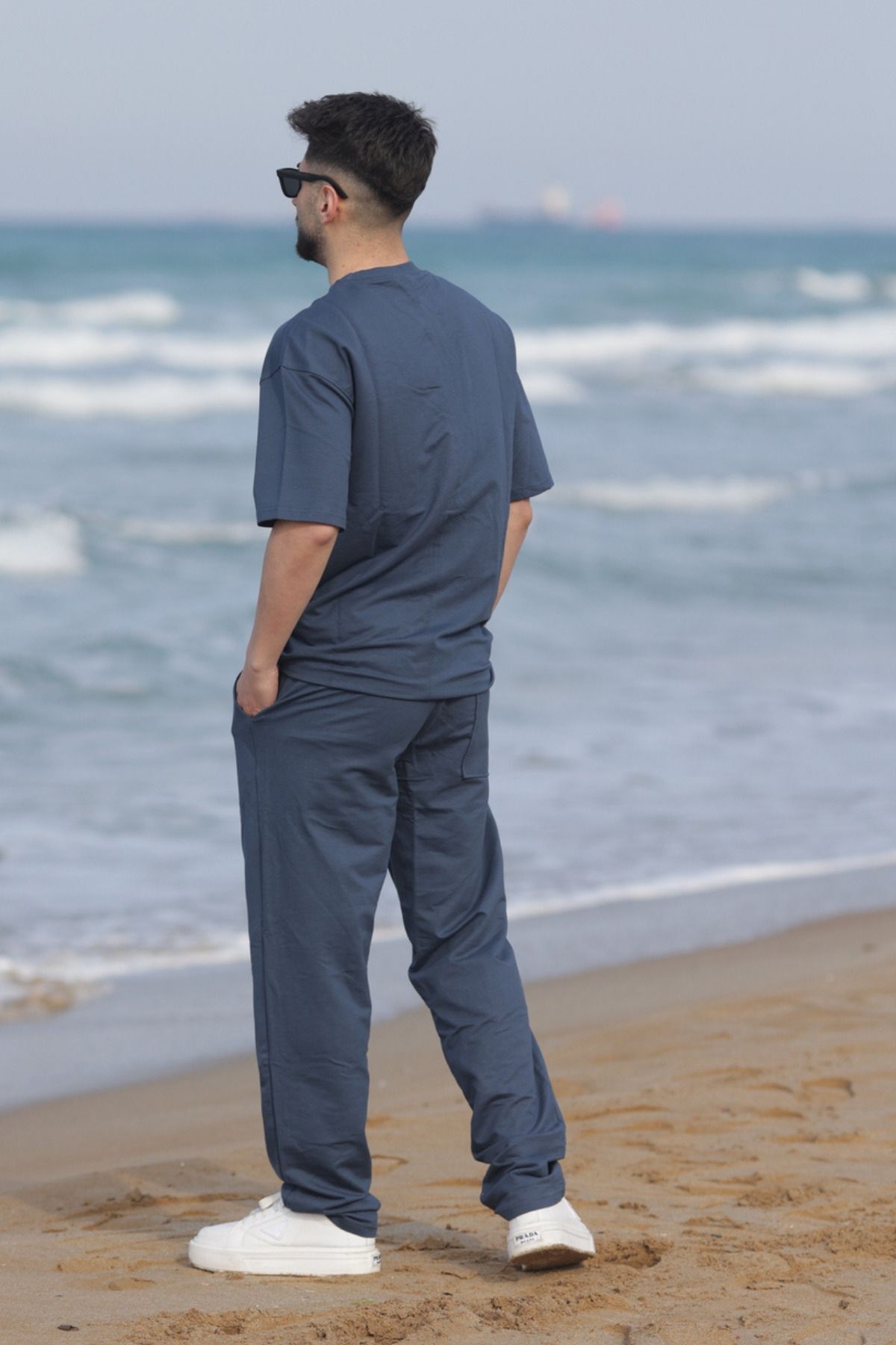 Erkek Kısa Kollu Pijama Takımı Bisiklet Yaka Salaş - Füme - 2