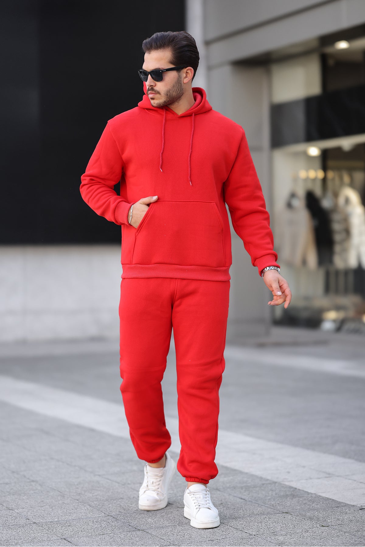 Erkek Bol Oversize 3 İ̇plik İ̇çi Pamuklu Kanguru Cep Kapşonlu Lastikli Paça Jogger Kış Eşofman Takımı - Kırmızı - 1