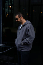 Erkek 3 İ̇plik Smoked Tam Fermuarlı Hoodie Sweatshirt - SMOKED - 5