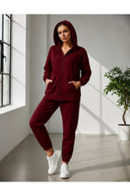 Kadin 3 İ̇pli̇ş Kapüşonlu Fermuarli Sweatshirt Hirka Yüksek Bel Jogger Eşofman Takimi - Bordo - 2