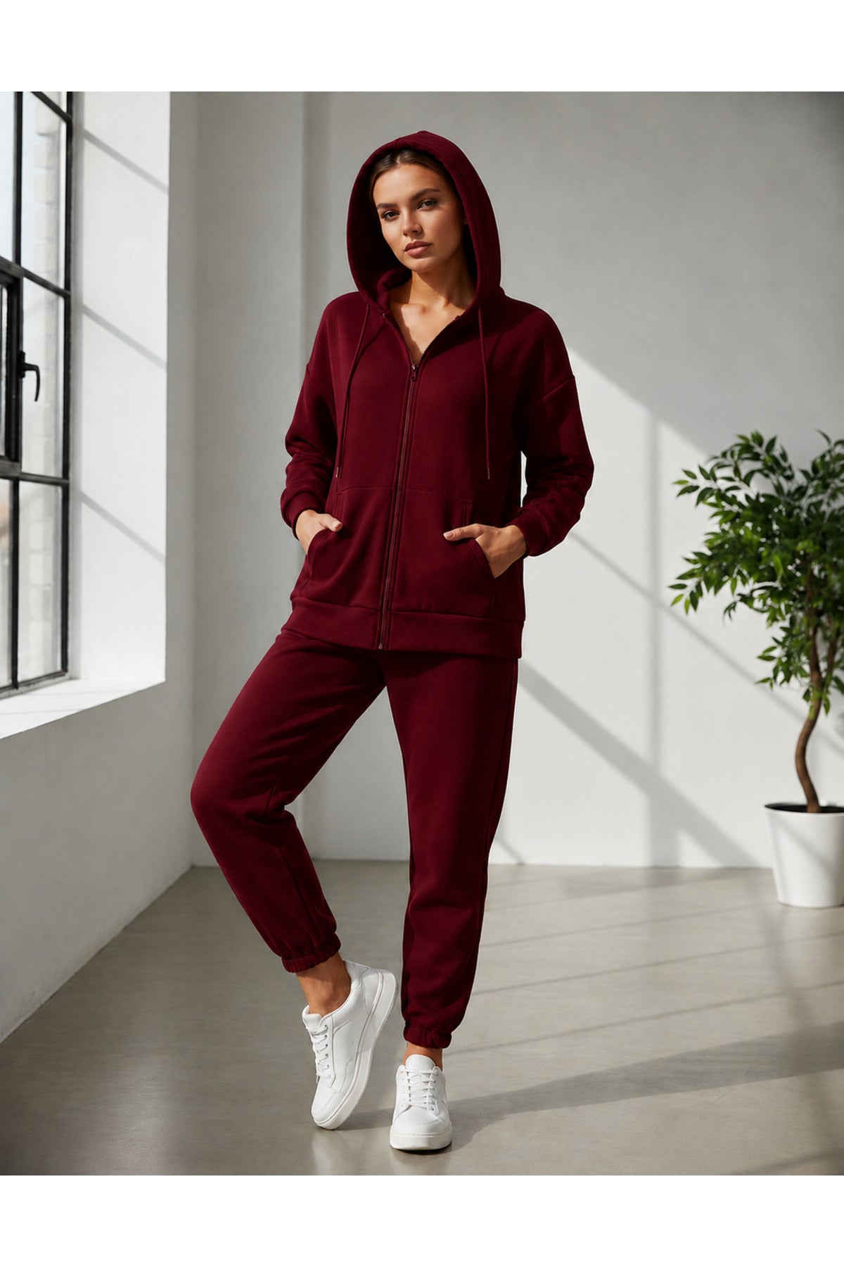 Kadin 3 İ̇pli̇ş Kapüşonlu Fermuarli Sweatshirt Hirka Yüksek Bel Jogger Eşofman Takimi - Bordo - 2