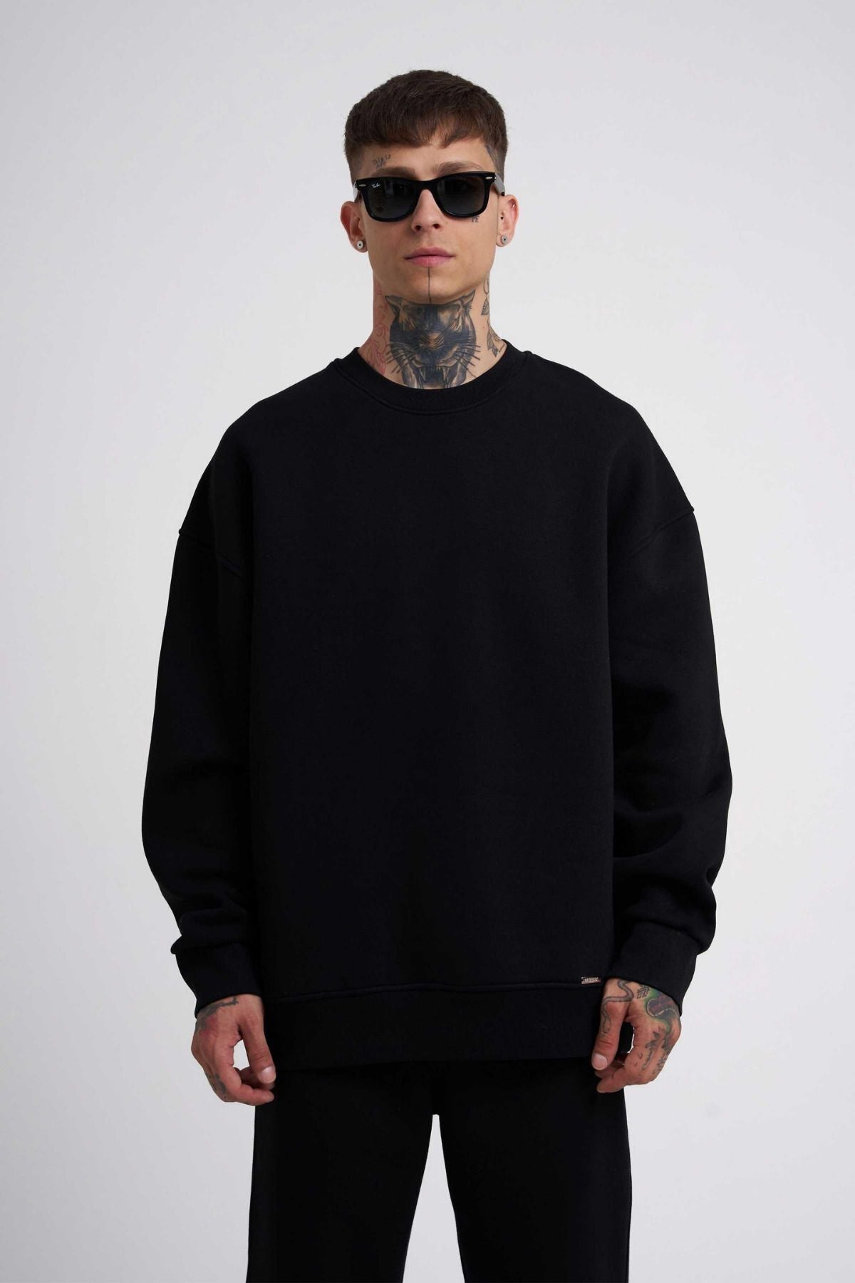 Erkek 3 İ̇plik İ̇çi Pamuklu Bisiklet Yaka Uzun Kollu Sweatshirt - Siyah - 1