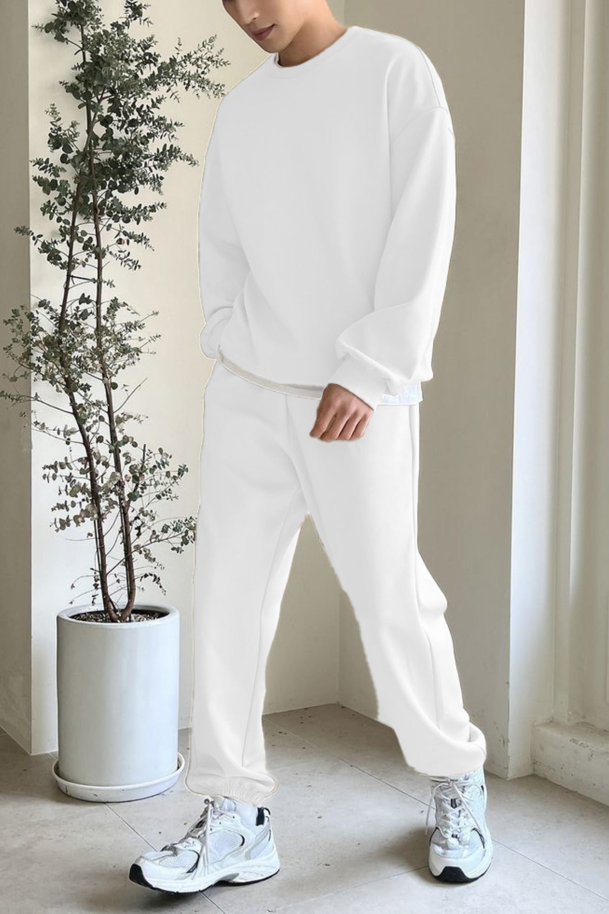 Erkek Bisiklet Yaka Oversize Jogger Paçası Lastikli Alt Üst Eşofman Takımı - Beyaz - 1