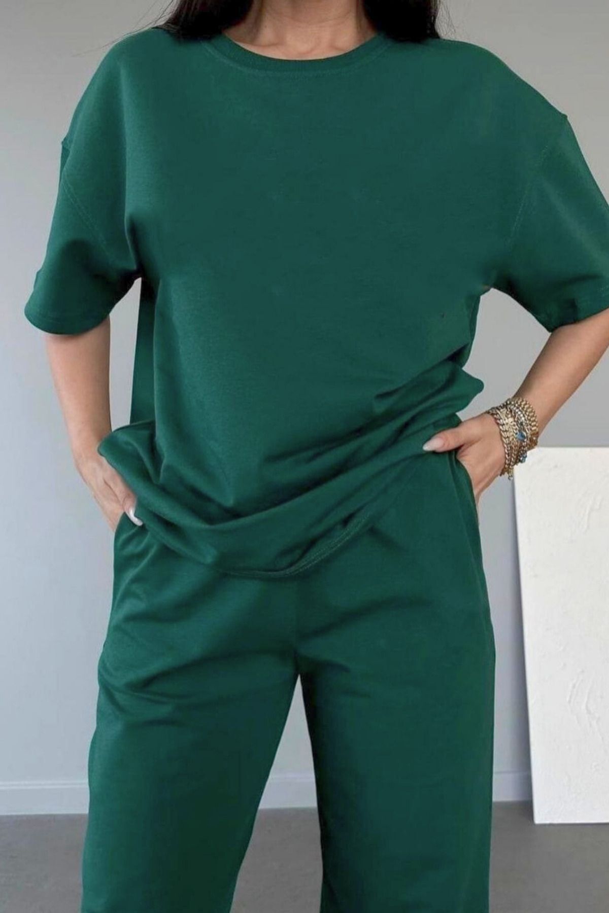 Kadın Penye Oversize Pijama Takımı - Yeşil - 2
