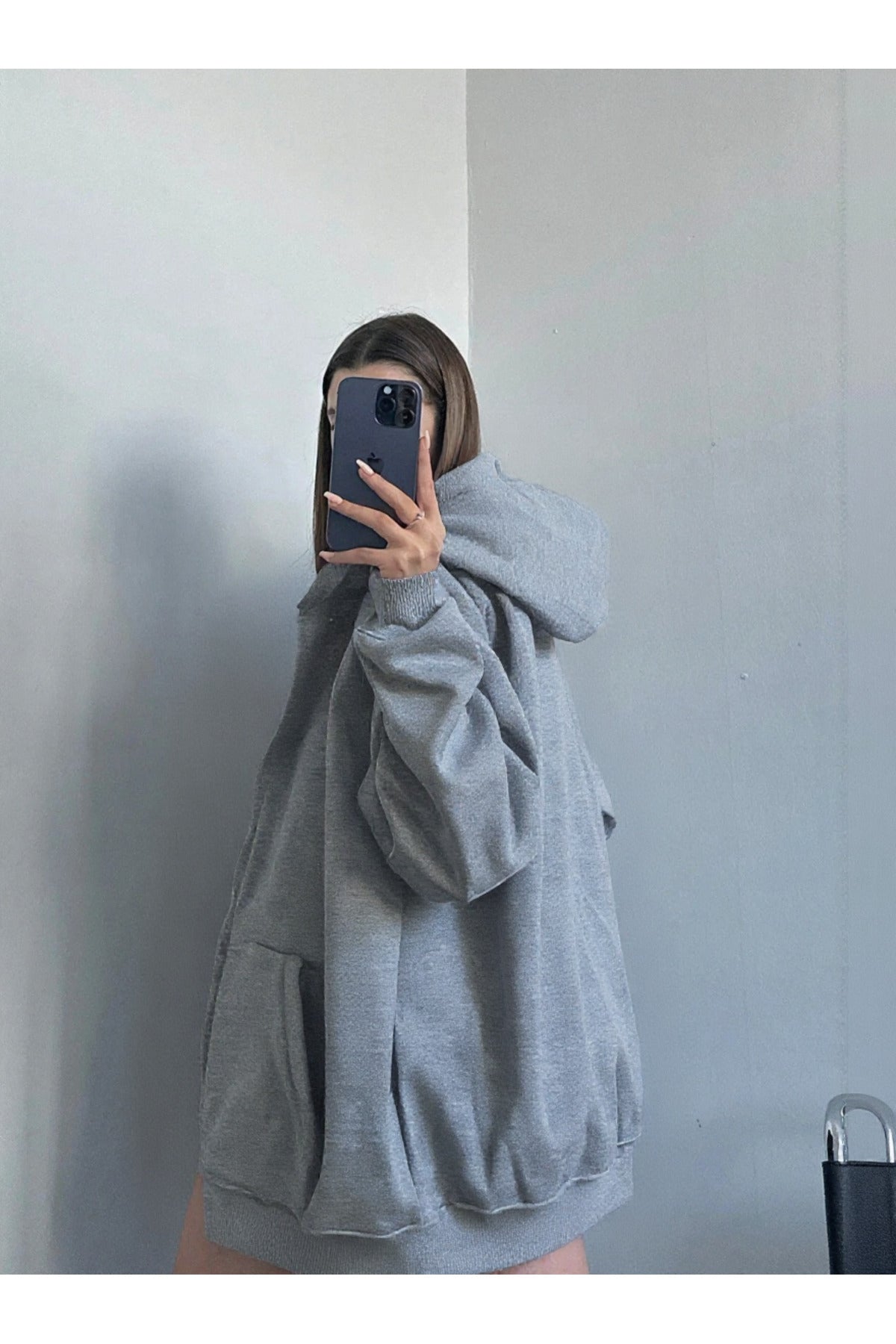 Kadın Fermuarlı Oversize Kanguru Cep Hırka - Gri Melanj - 2