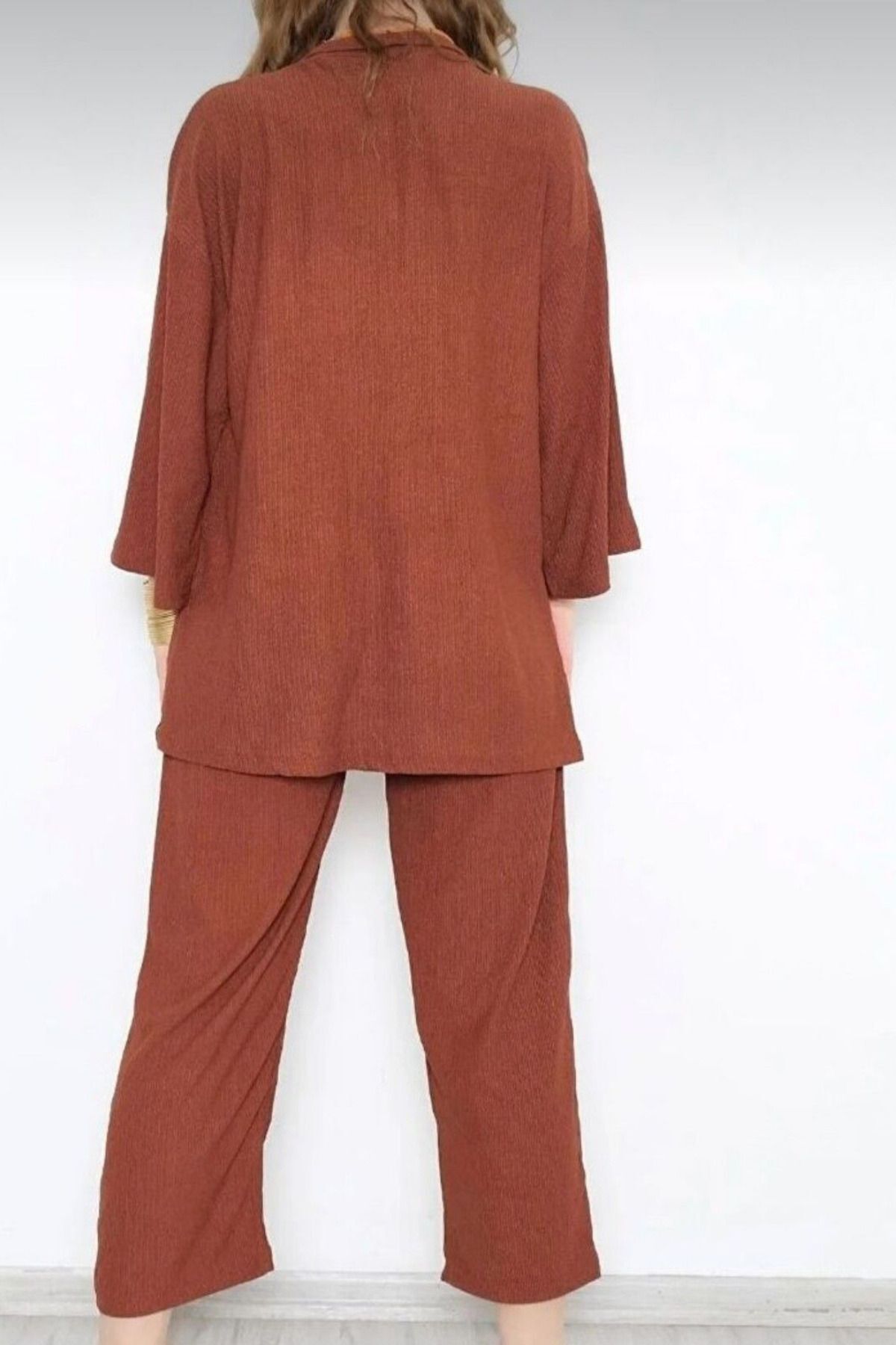 Kadın Camel Alt Üst Kimono Takım Yazlık İnce Dökümlü Elbise - camel b1 - 2