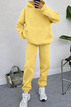 Kadın Oversize Trend Model Kanguru Cep Kapşonlu Sweatshirt Eşofman Takımı - Sarı - 2