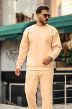Kalın Bisiklet Yaka Paçası Lastikli Eşofman Takımı - Bej - 3