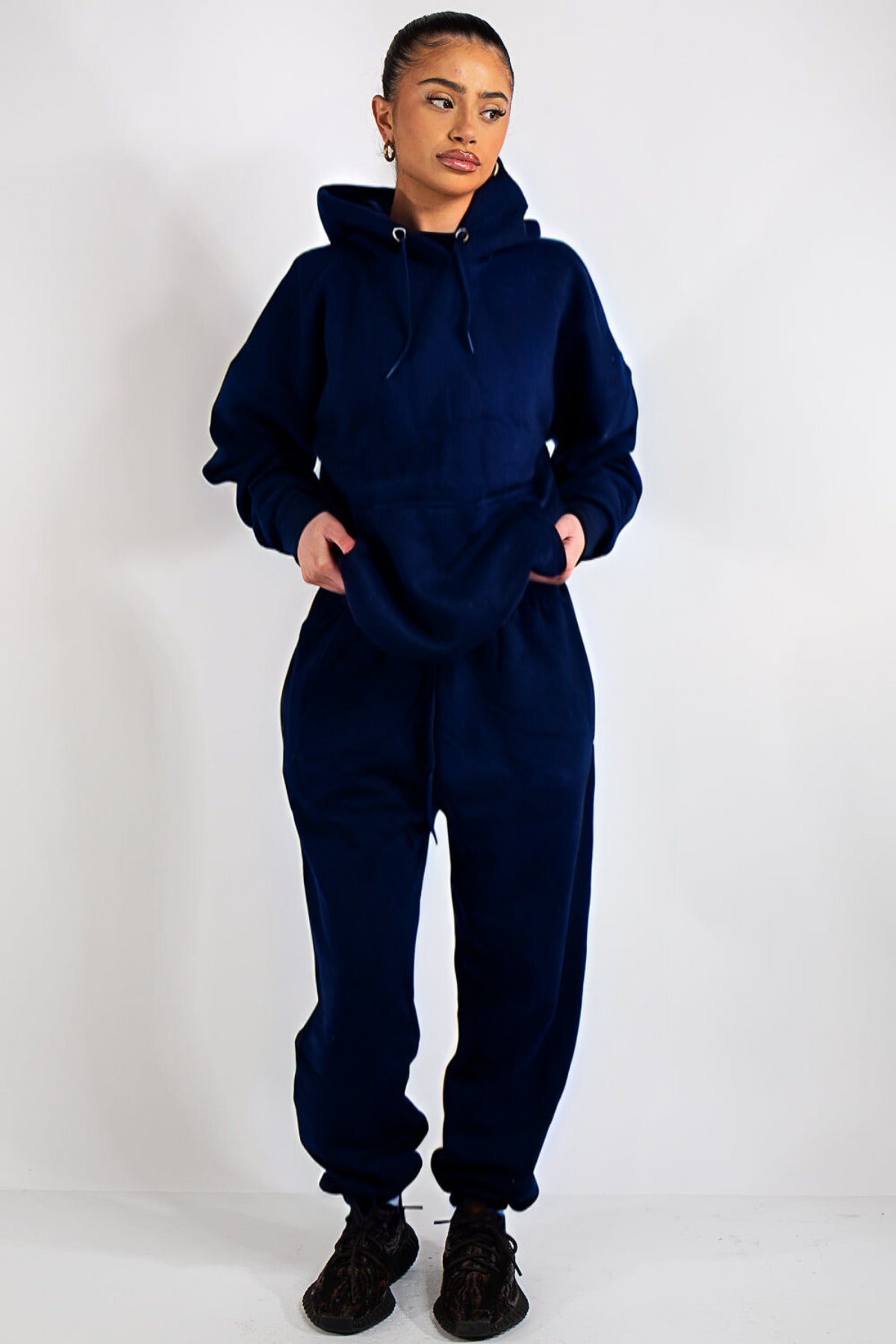 Kadın 3 İ̇plik Oversize Rahat Kalın Kapşonlu Eşofman Takımı - Lacivert - 1