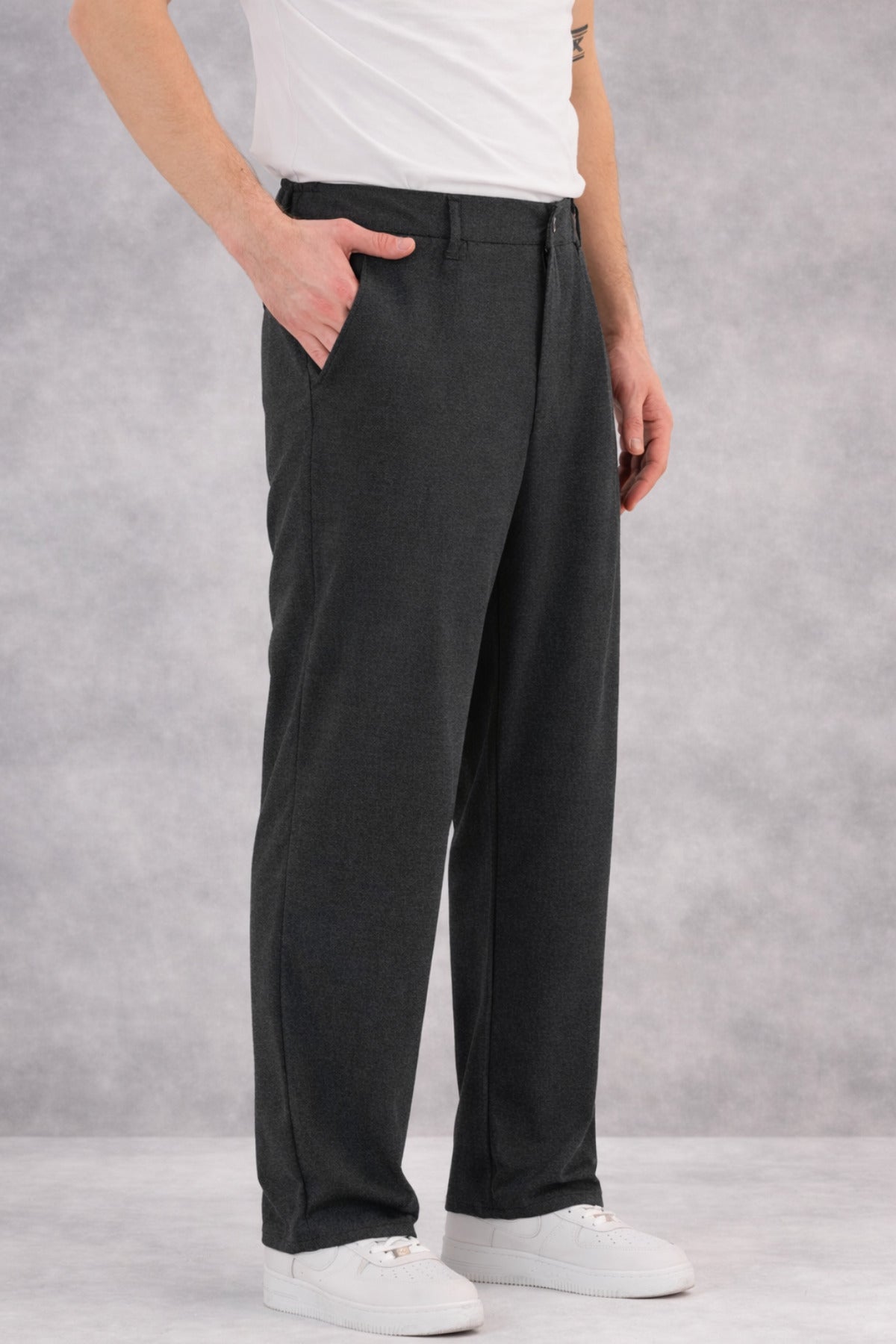 Erkek Rahat Kesim Geniş Kalıp Beli Kemerli Yan Cepli Baggy Pantolon - Füme - 2