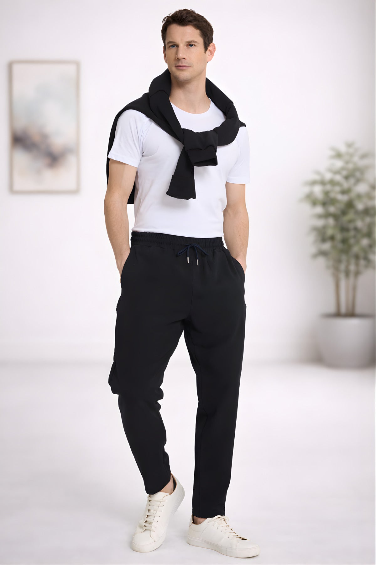 Erkek Regular Fit Beli Lastikli Bağcıklı Rahat Kesim Yan Cepli Jogger Pantolon - Siyah - 5