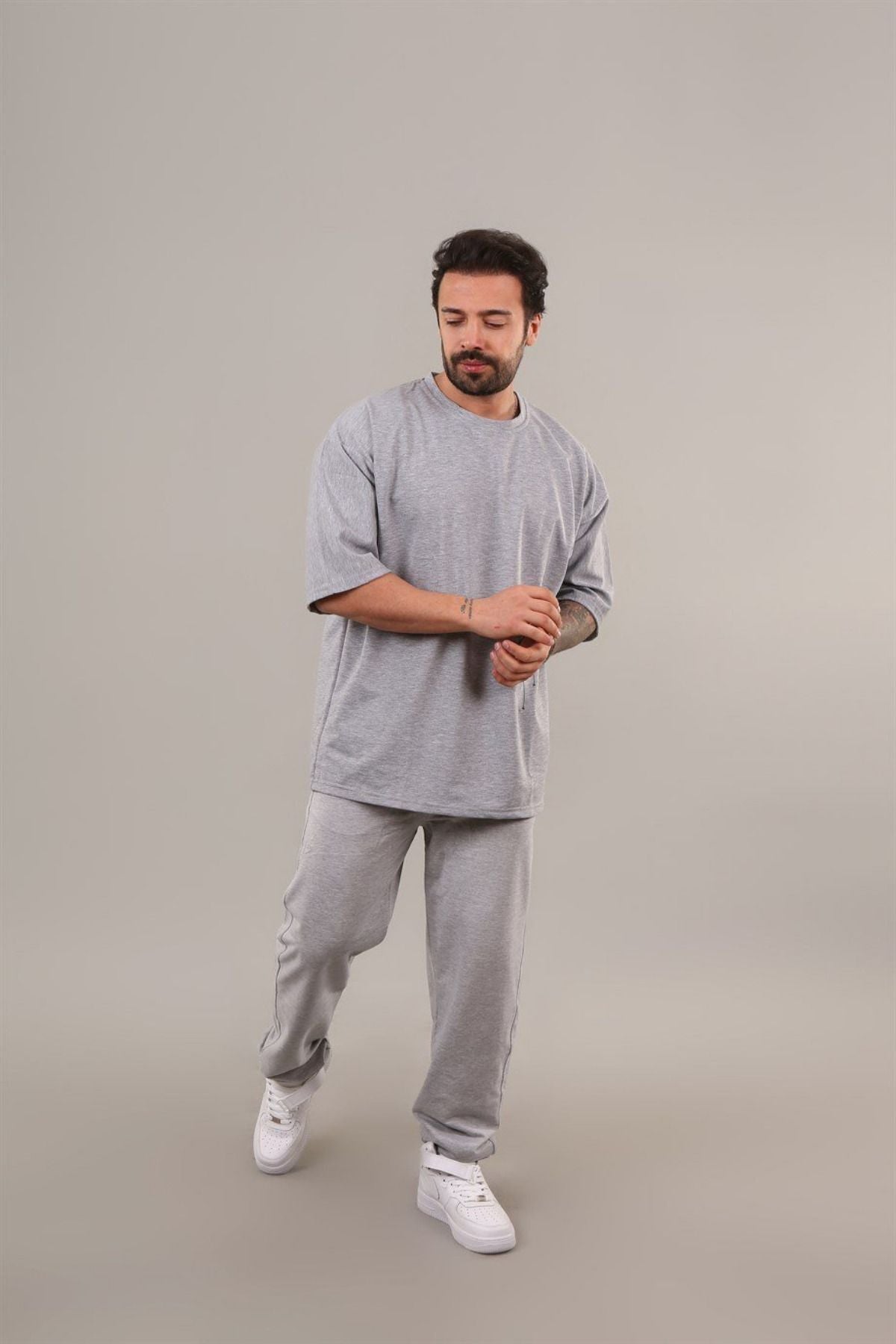Erkek Kısa Kollu Pijama Takımı Bisiklet Yaka Reşme Salaş - Gri - 2