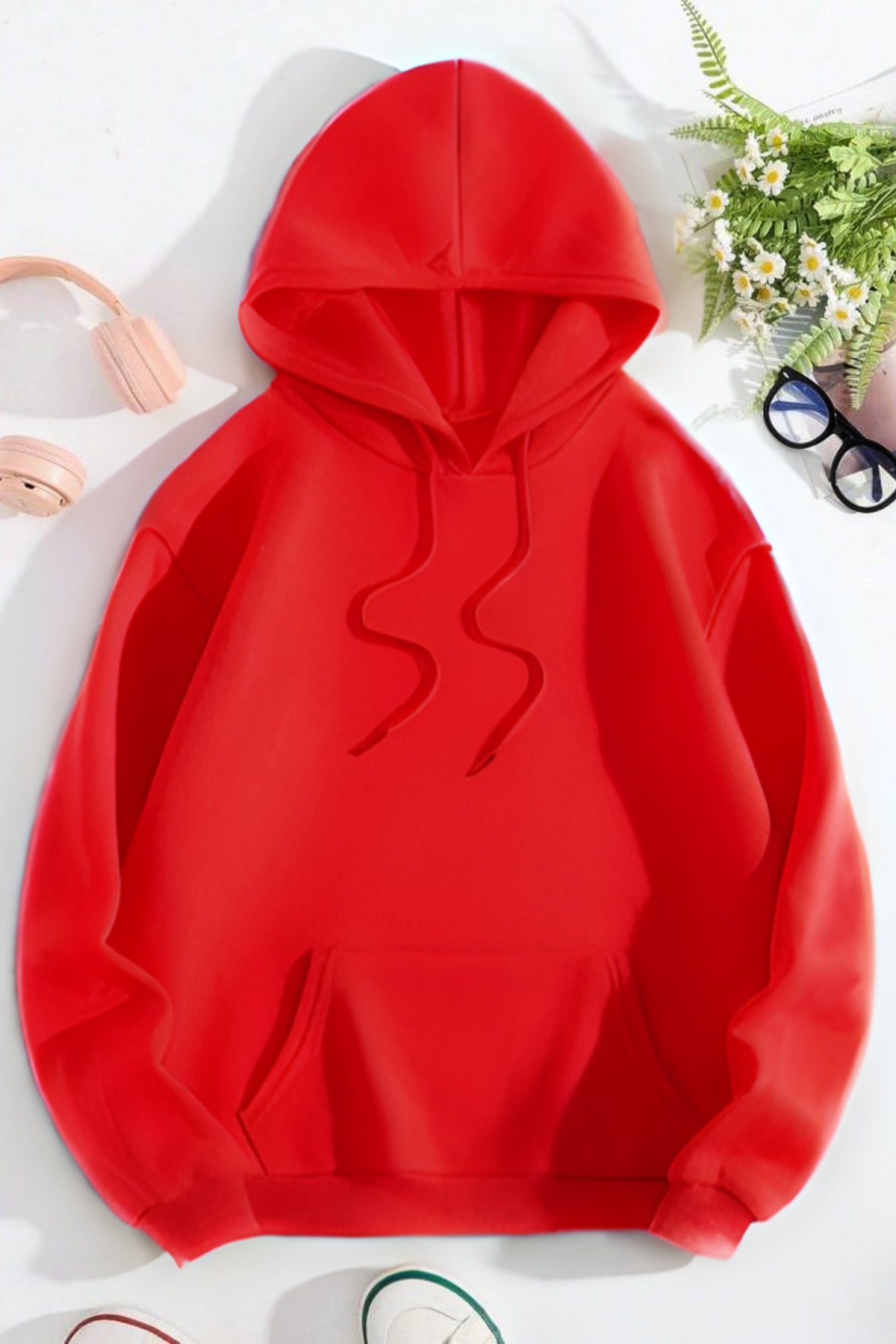 Regular Kalıp Şardonlu Kanguru Cep 3 İ̇plik Oversize Okul Sweatshirt - Kırmızı - 1