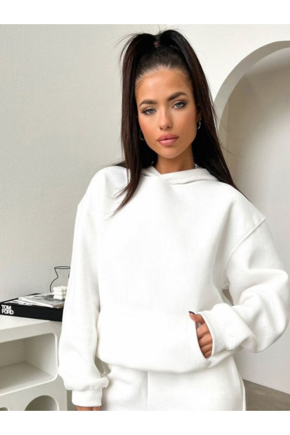 Kadın Ekru Beyaz Hoodie Sweatshirt Kapşonlu 3 İplik Puf 248-1 - kırık beyaz ekru - 2