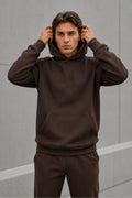 Erkek Oversize Kapüşonlu Sweatshirt Basic Hoodie Cepli - Kahverengi - 1