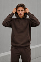Erkek Oversize Kapüşonlu Sweatshirt Basic Hoodie Cepli - Kahverengi - 1