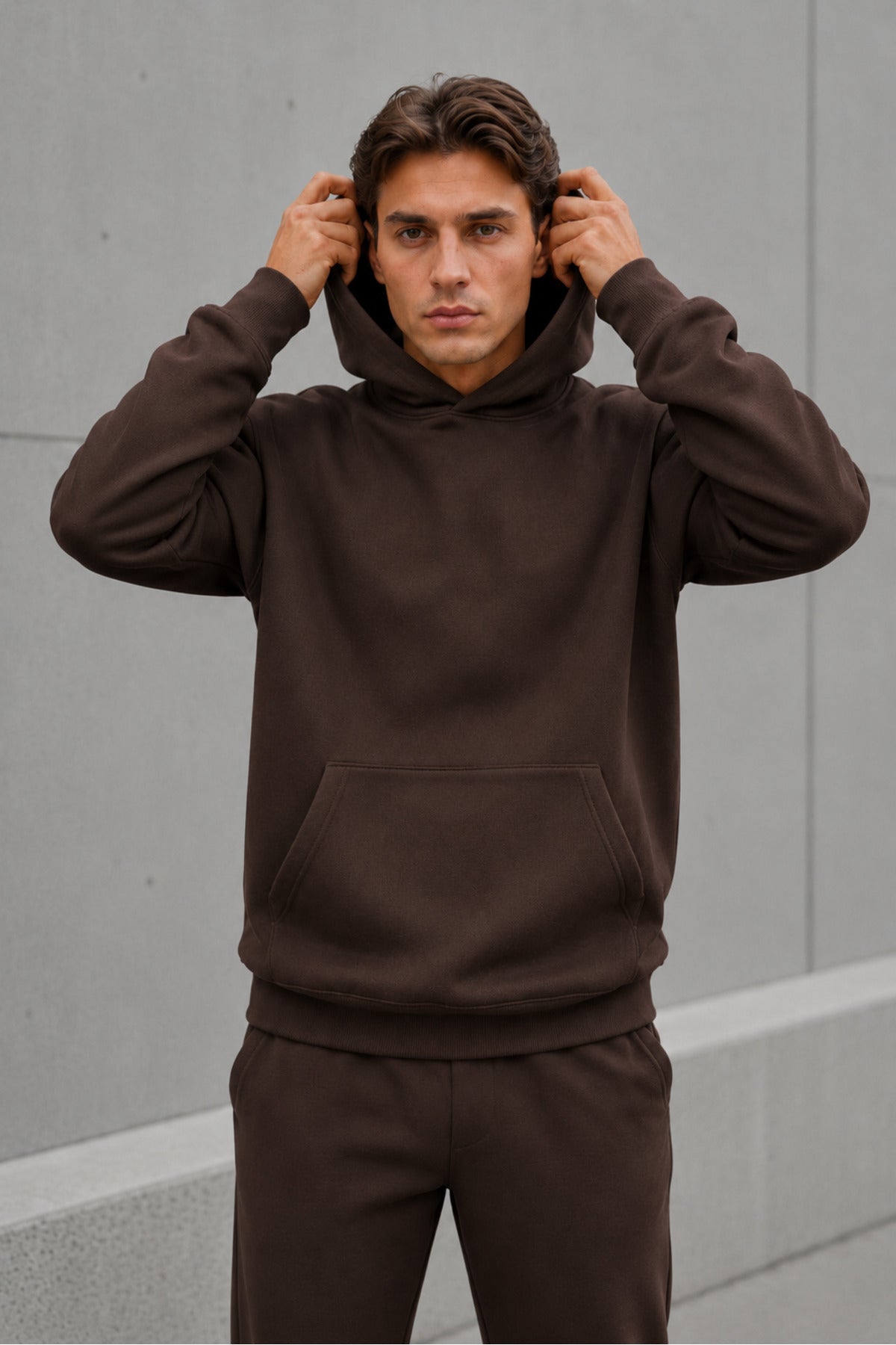 Erkek Oversize Kapüşonlu Sweatshirt Basic Hoodie Cepli - Kahverengi - 1