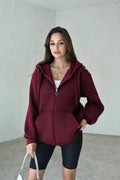 Kadın 3 İ̇plik Oversize Kapüşonlu Fermuarlı Hırka Sweatshirt - Bordo - 1