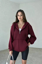 Kadın 3 İ̇plik Oversize Kapüşonlu Fermuarlı Hırka Sweatshirt - Bordo - 1