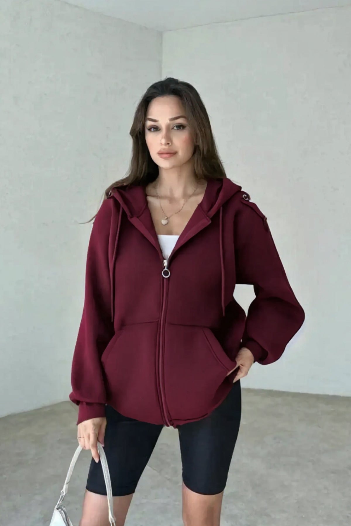 Kadın 3 İ̇plik Oversize Kapüşonlu Fermuarlı Hırka Sweatshirt - Bordo - 1