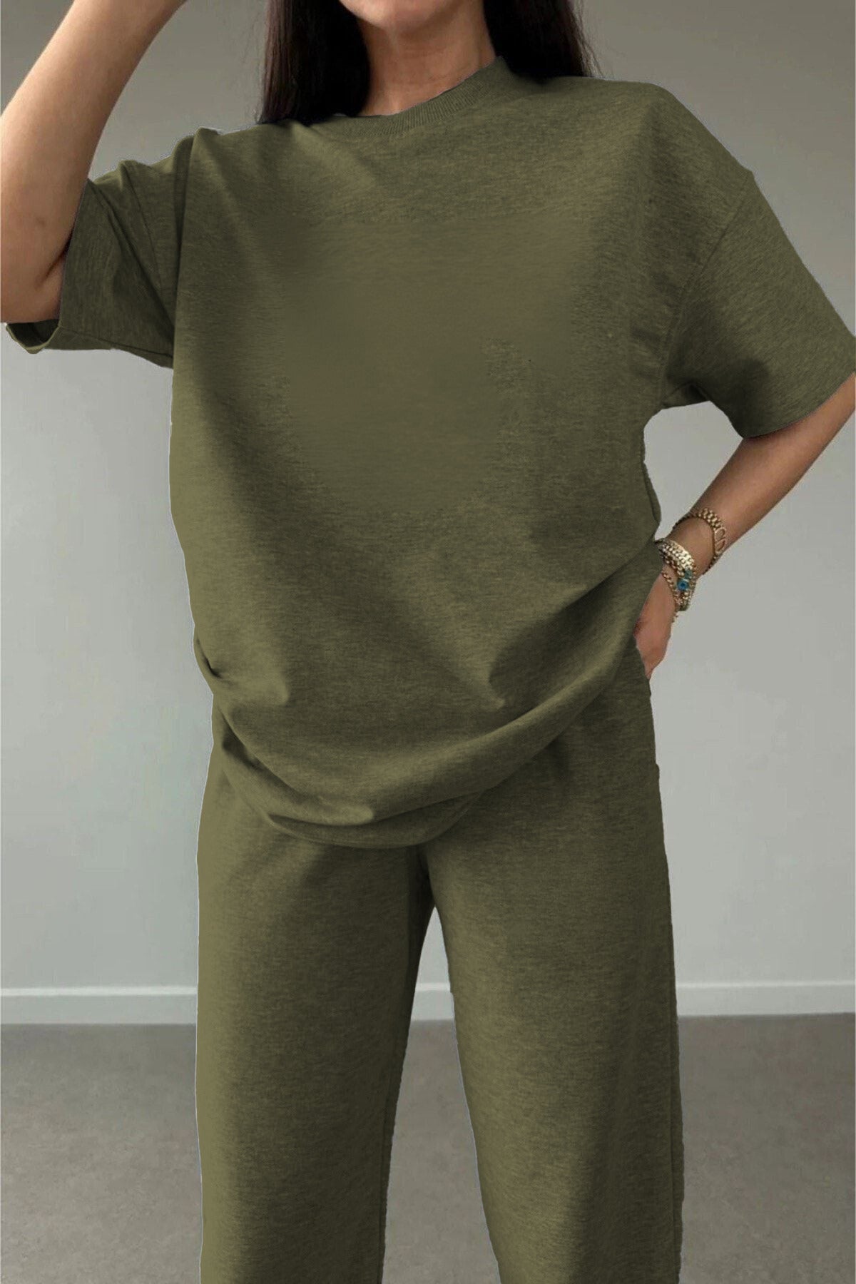 Kadın Kısa Kollu Penye Pijama Takımı Oversize Bisiklet Yaka - Yeşil 1 - 1