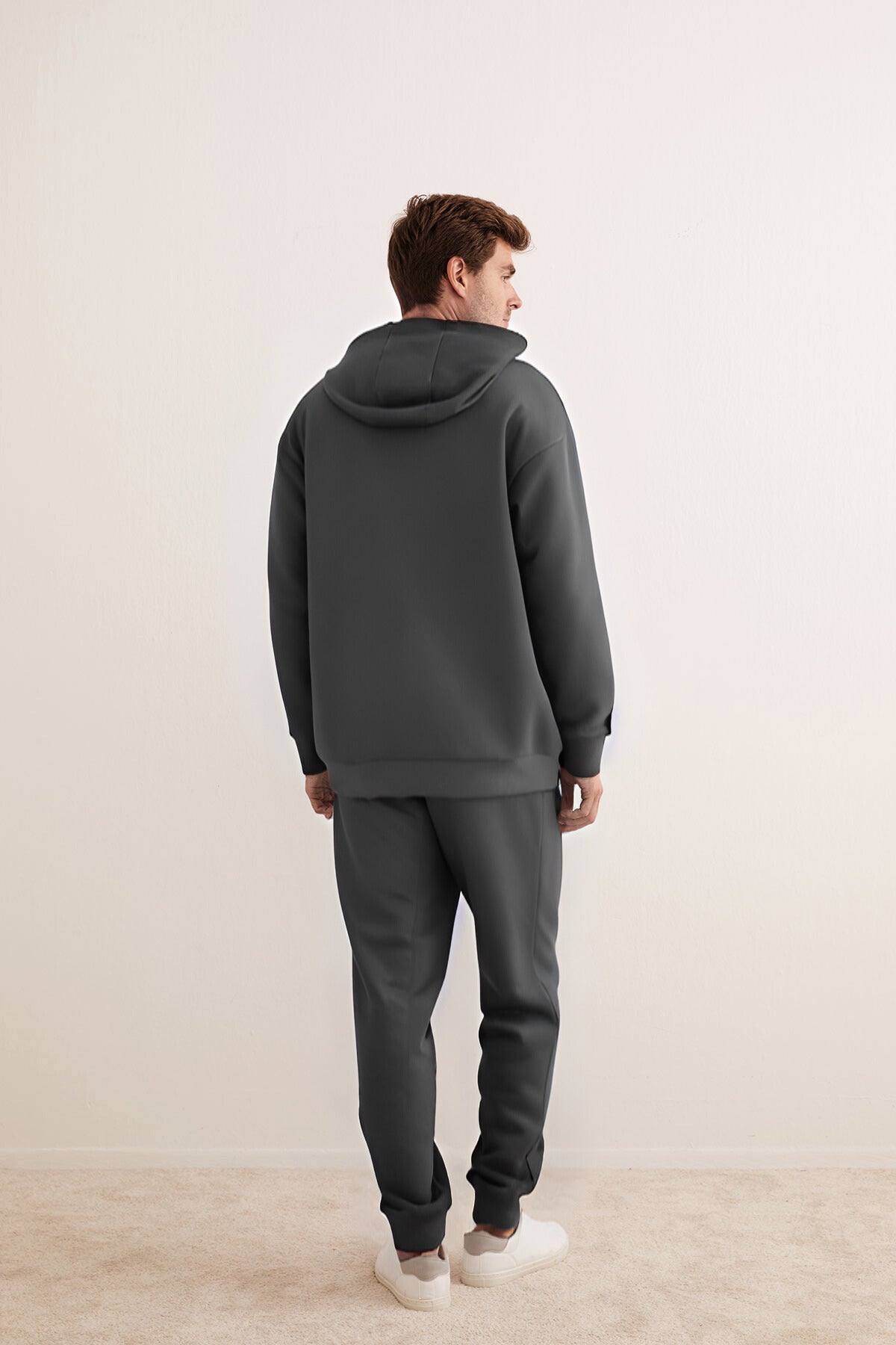 Erkek 3 İ̇plik Kapşonlu İ̇çi Pamuklu Bol Kesim Hoodie Kışlık Günlük Eşofman Takımı - Füme - 2