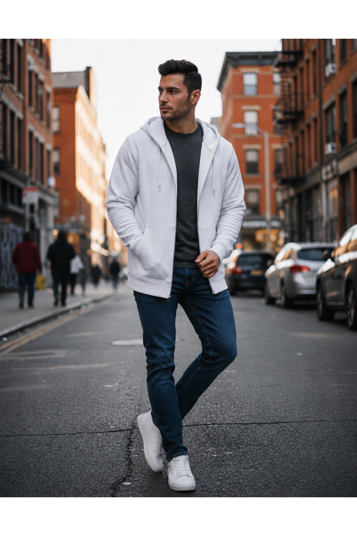 Erkek 3 İ̇pli̇k Şardonlu Oversi̇ze Fermuarli Sweatshirt Hirka - Beyaz - 4