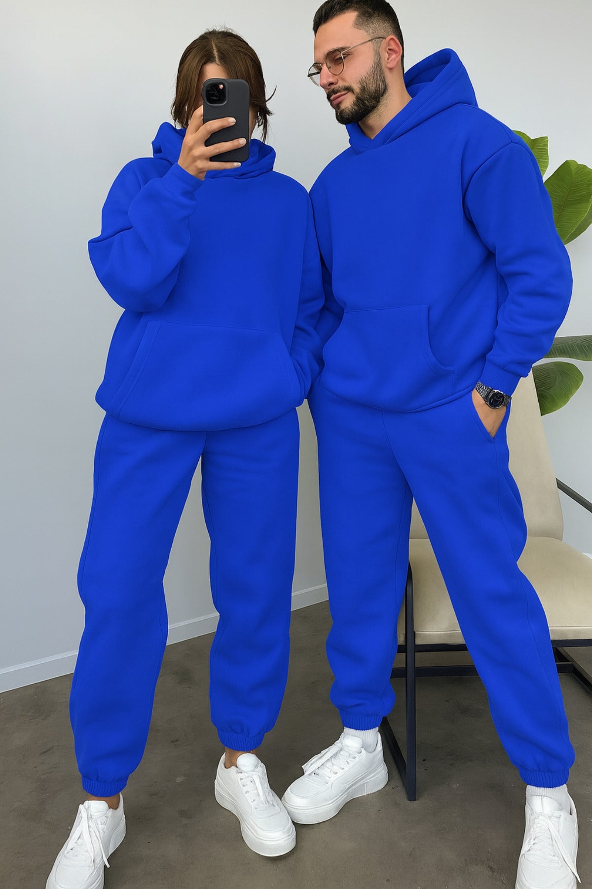 Kadın Erkek Trend Model Çiftlere Özel 3 İplik Oversize Kışlık Kalın Eşofman Takımı (tekli̇) - Saks Mavisi - 2