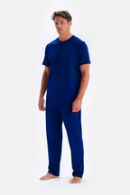 Erkek Kısa Kollu Pijama Takımı Oversize Bisiklet Yaka - Lacivert - 2
