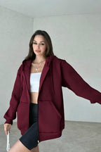 Kadın 3 İ̇plik Oversize Kapüşonlu Fermuarlı Hırka Sweatshirt - Bordo - 2