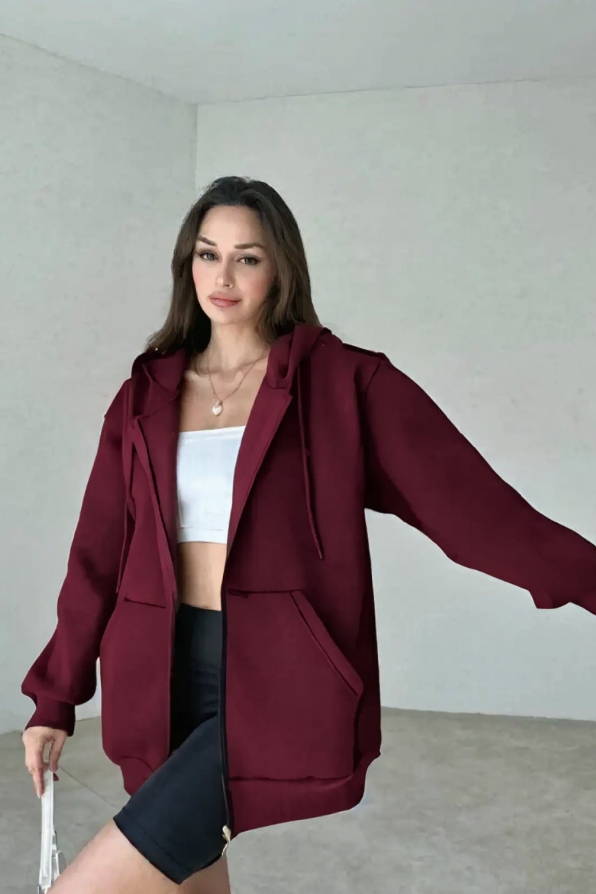 Kadın 3 İ̇plik Oversize Kapüşonlu Fermuarlı Hırka Sweatshirt - Bordo - 2