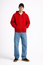 Erkek Oversize Bol Kapşonul Cepli Hoodie Hırka - Kırmızı - 2