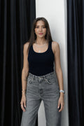 Kadin Fi̇ti̇lli̇ Esnek Kalin Askili Ti̇şört Atlet Body - Lacivert - 1